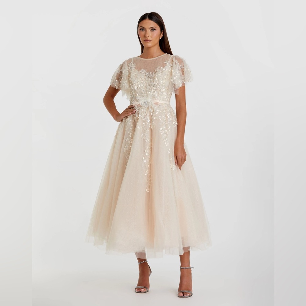 NWT $798 MAC DUGGAL Embellished Flutter Sleeve Bow Waist A Line Dress MIDI 20362